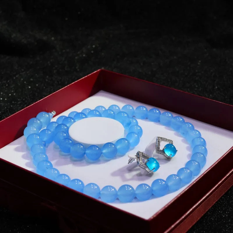 High Ice Blue Round Bead Necklace Set, Fashionable and Versatile.