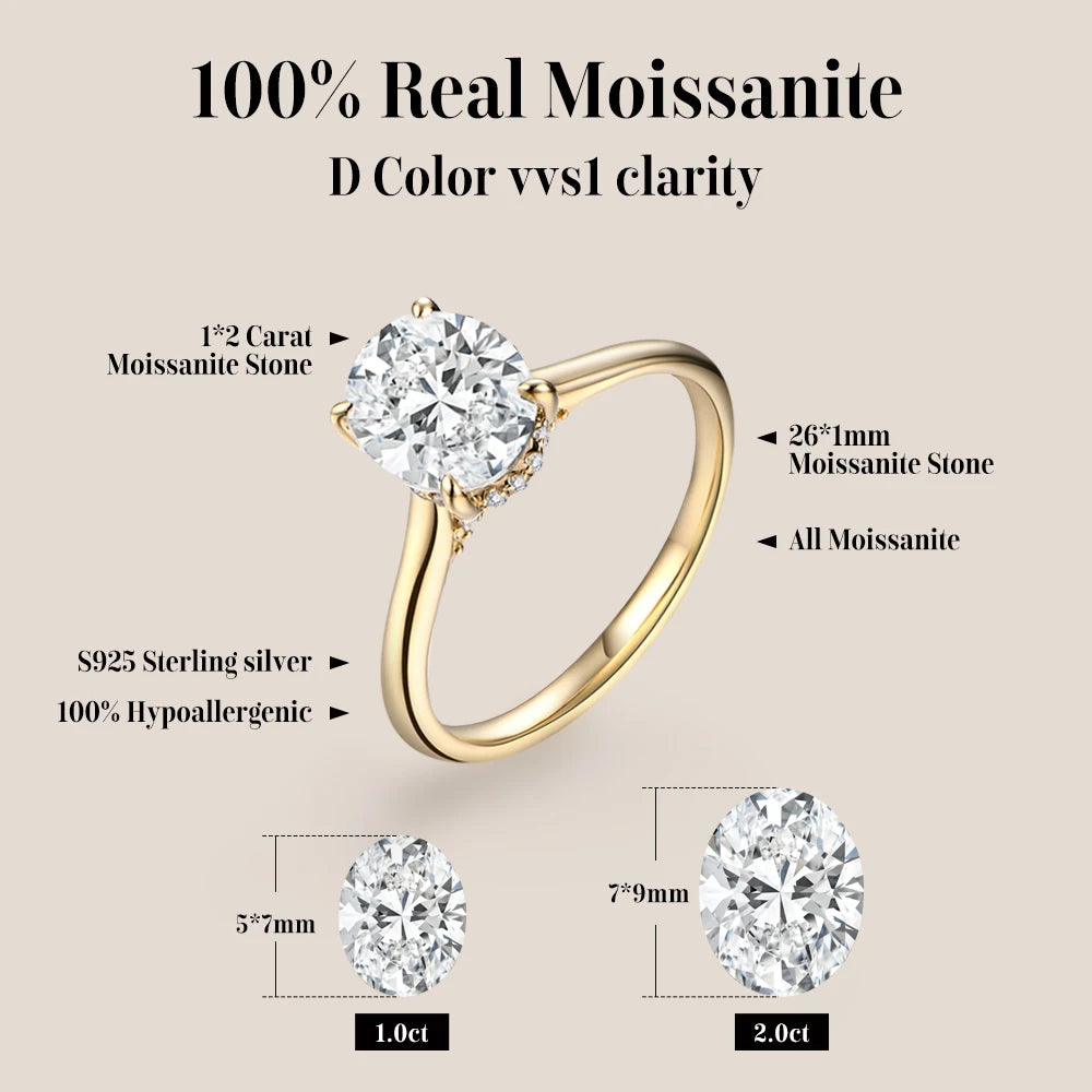 CHARMING Luxury 2.0CT Moissanite Rings Lab Diamond 10*7mm Engagement Wedding Rings 925 Sterling Silver Women Finger Band Jewely