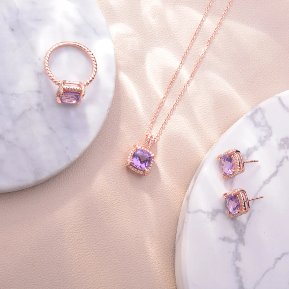 LinkerLove S925 Sterling Silver Amethyst Jewelry Set Cushion Cut Purple Gemstone Halo Necklace Earrings Ring for Women Wedding
