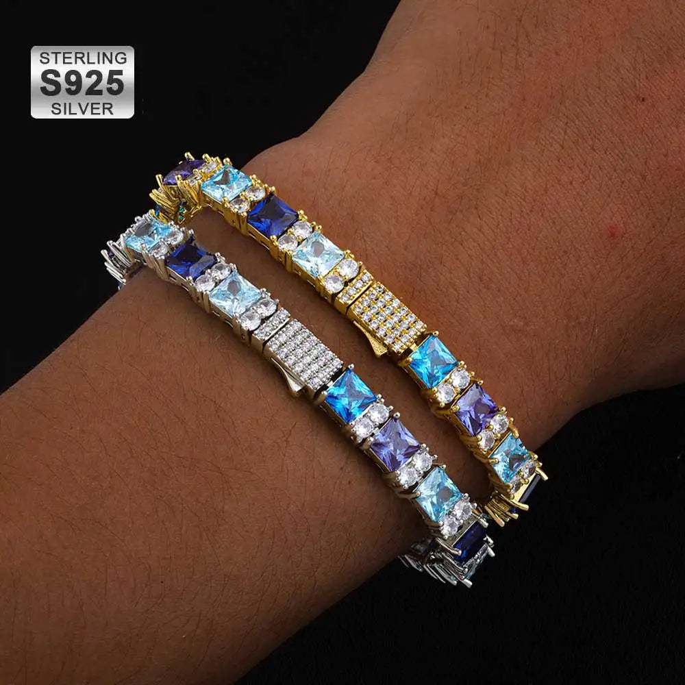 ESKEEM Hip Hop Luxury Bling Jewelry 925 Silver Blue Princess Cut CZ Cluster Tennis Bracelet Gift for Men and Women