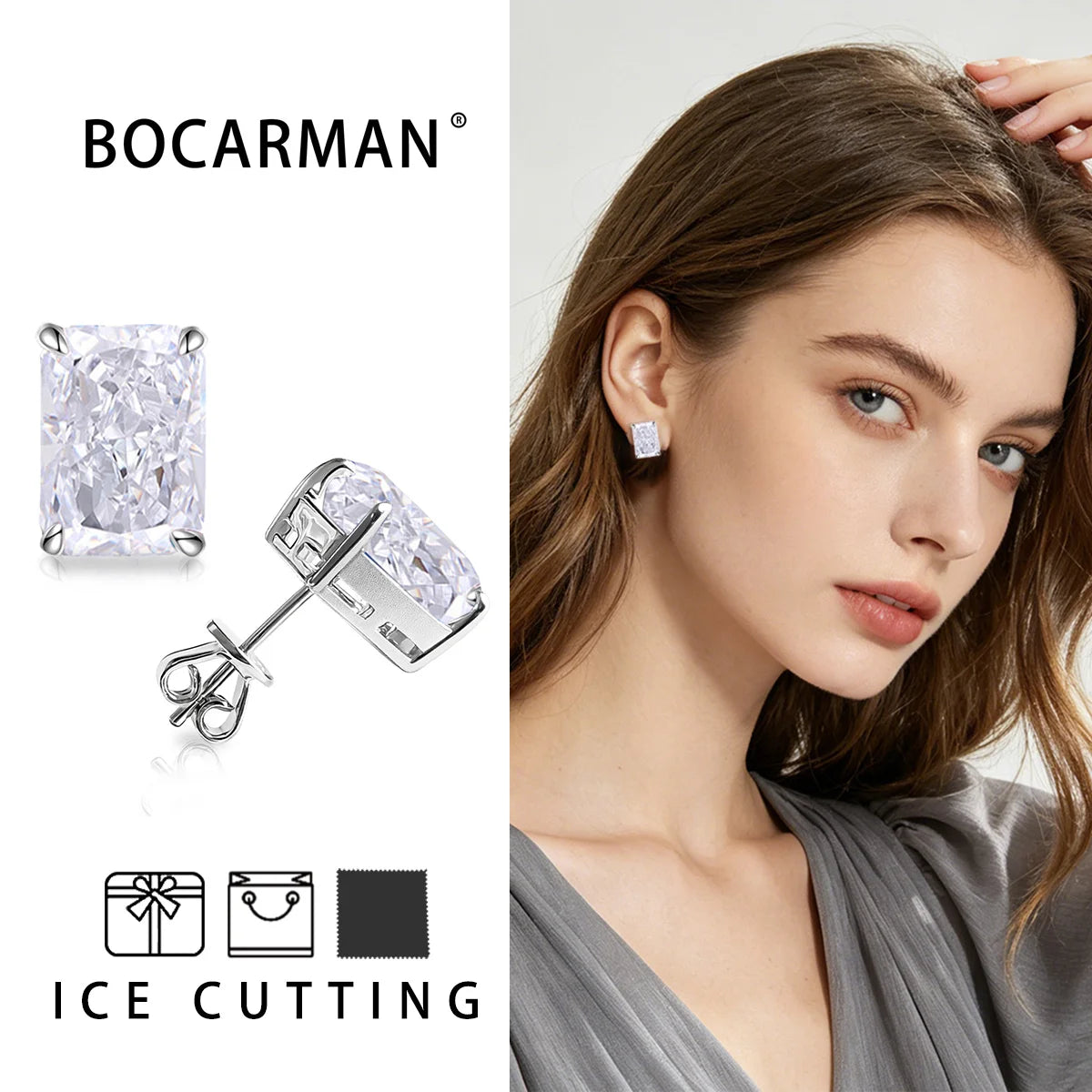 Bocarman Rectangular Ice Cut Mint Green Zircon Stud Earrings S925 Sterling Silver Rhodium Plated Fine Jewelry 8x10mm
