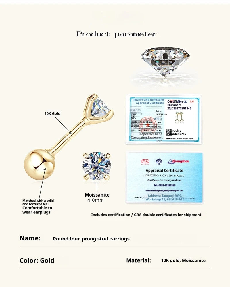 10k Solid Gold 0.6cttw D Color Moissanite Stud Earrings Screwback Real Au417 Yellow Gold Mosan Diamond Earrings Fine Jewelry