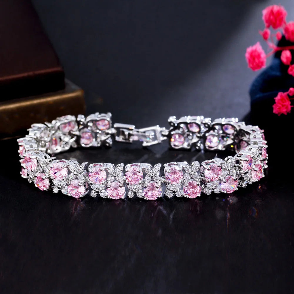 Pera Elegant Leaf and Oval Chain Link Silver Color Red Green Cubic Zirconia Bracelets for Women Fashion Jewelry Accessories B084