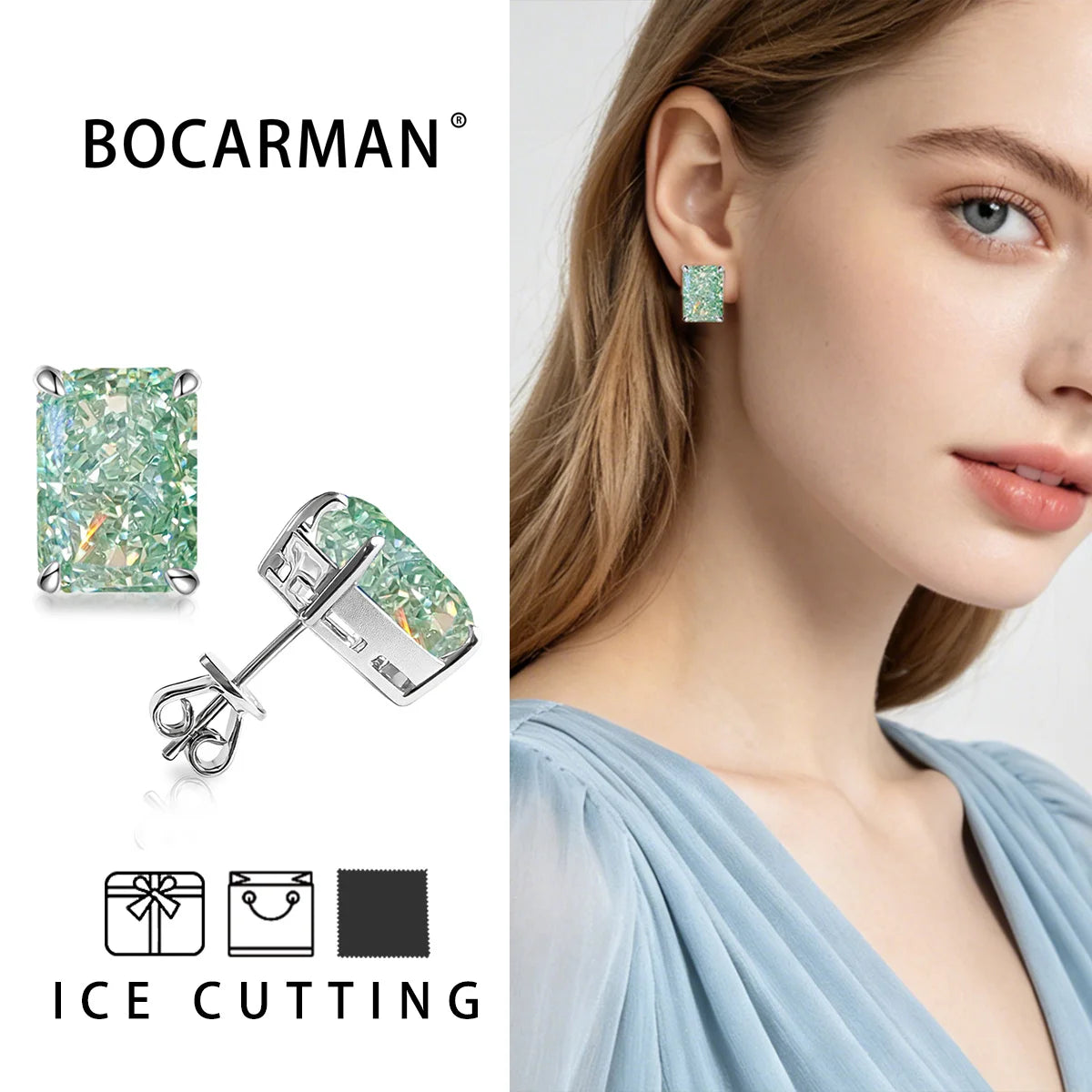 Bocarman Rectangular Ice Cut Mint Green Zircon Stud Earrings S925 Sterling Silver Rhodium Plated Fine Jewelry 8x10mm