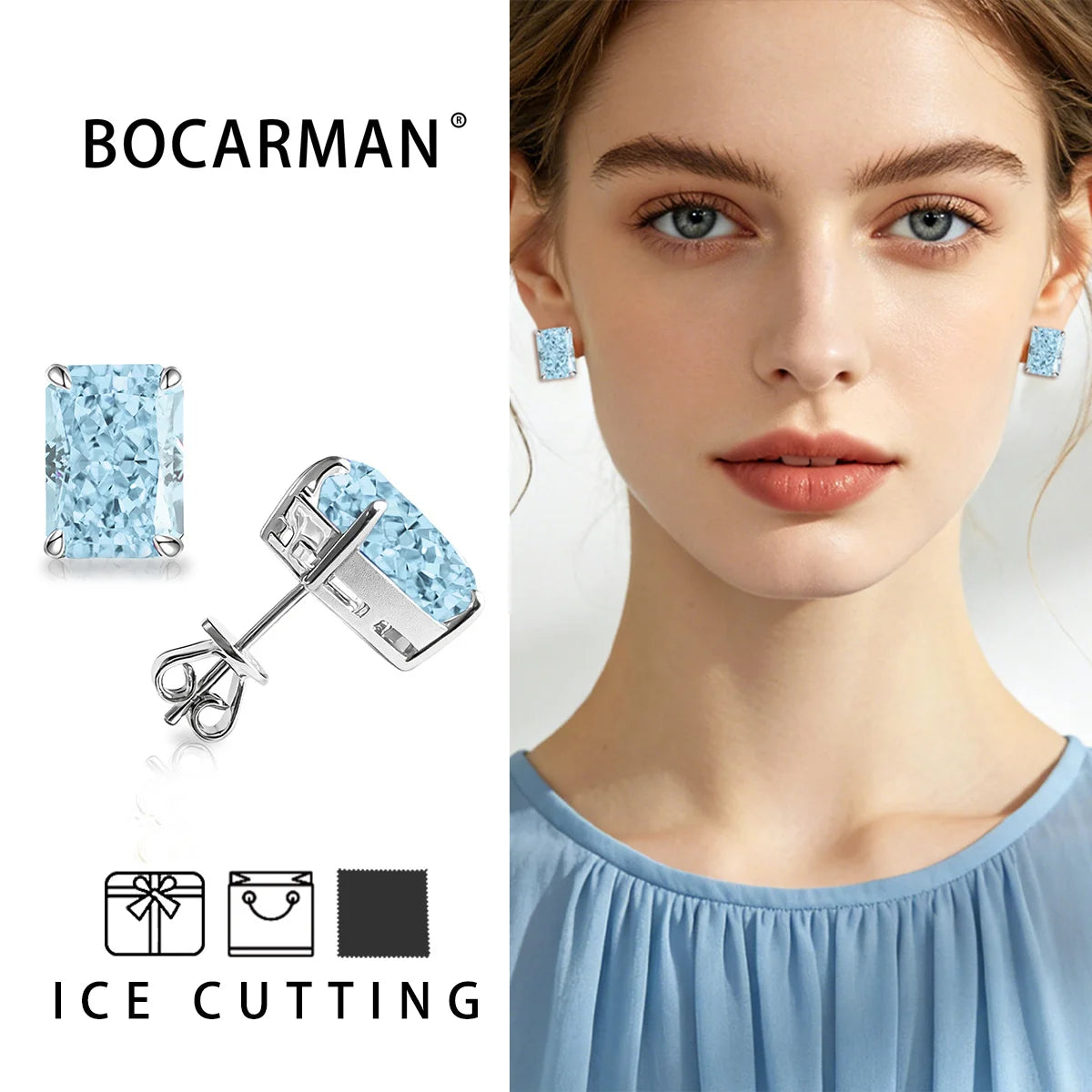 Bocarman Rectangular Ice Cut Mint Green Zircon Stud Earrings S925 Sterling Silver Rhodium Plated Fine Jewelry 8x10mm