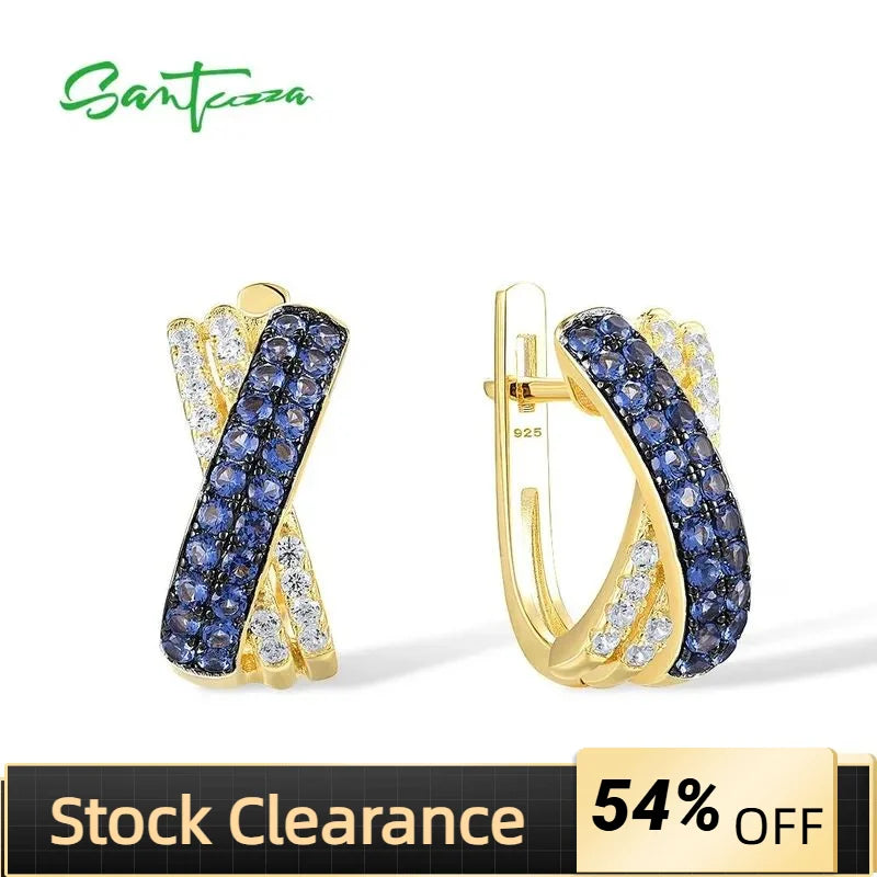 SANTUZZA Silver Earrings For Women Pure 925 Sterling Silver Sparkling Blue Nano White CZ Cross Gold Plated Elegant Fine Jewelry