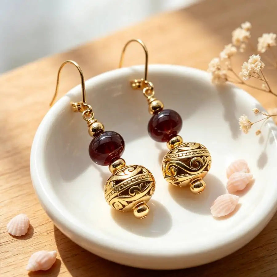 A Pair Garnet Ellipse Beads Gemstone Earrings 18K Eardrop Handmade Luxury Aurora Women Earlobe Accessories Mesmerizing Jewelry