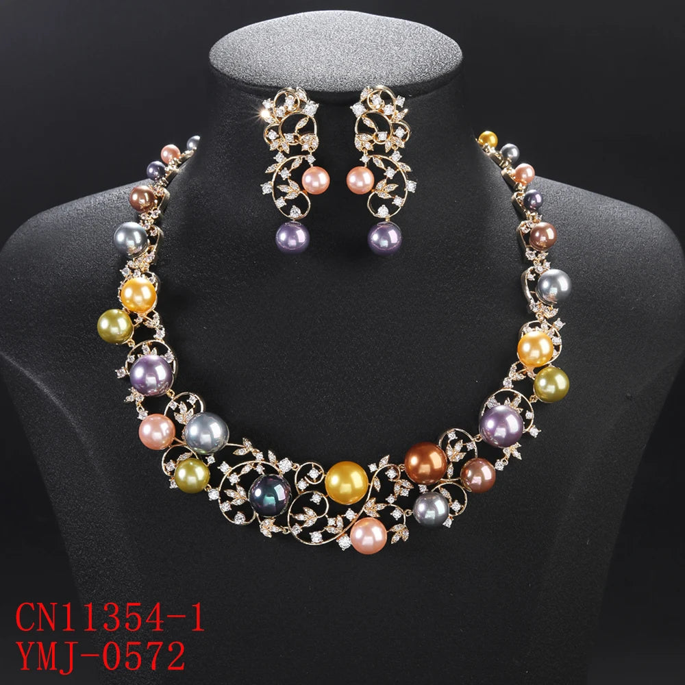 Luxury Cubic Zirconia Colors Pearl  Flower Necklace Earrings Jewelry Sets  Bridal Wedding Accessories CN11354
