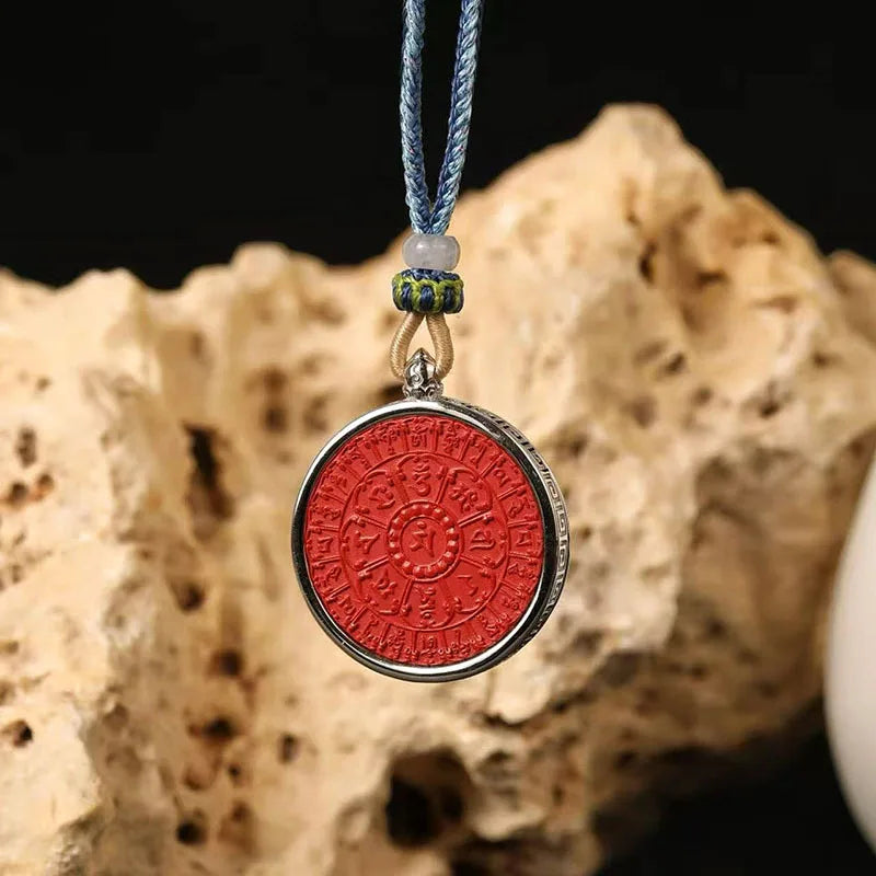 S925 Sterling Silver Inlaid Cinnabar Mandala Pendant Six True Words Necklace Chinese Style Good Luck Fortune Amulet Men Women