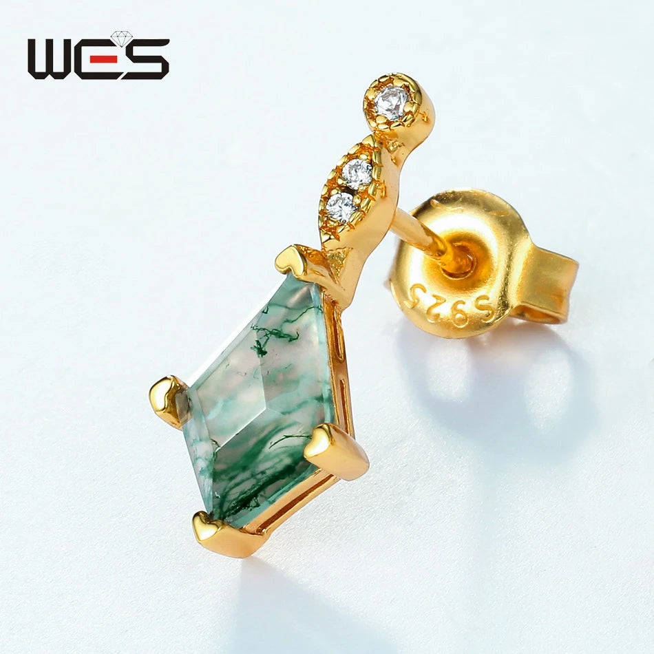 WES 100% 925 Sterling Silver Natural Crystal Moss Agate Jewelry Set for Woman Gold Plated Wedding Lady Gift Fine Jewelry