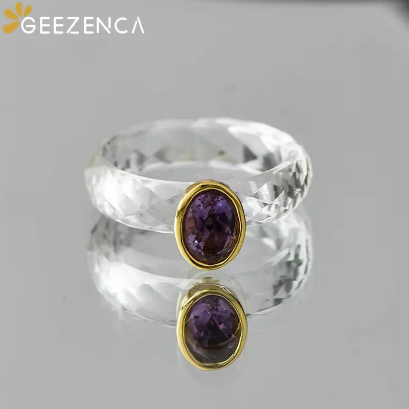GEEZENCA Natural White Crystal Circle Amethyst 925 Sterling Silver Size 7 Rings For Women Purple Stone Minimalism Ring Gift
