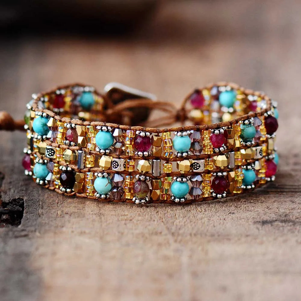 Boho Bracelets High End Natural Stones Wax Cord Wrap Bracelet Semi Precious Stone Beaded Cuff Bracelet Fashion Jewelry Dropship