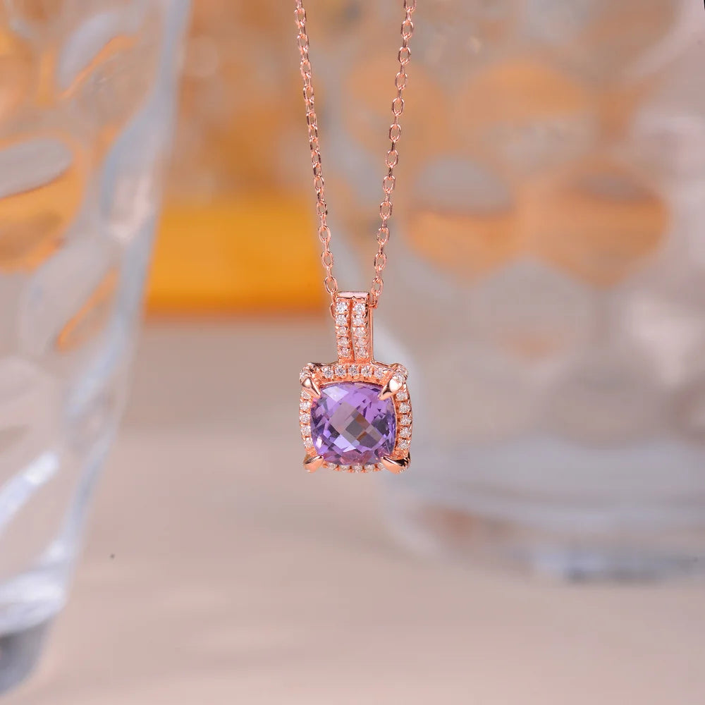 LinkerLove S925 Sterling Silver Amethyst Jewelry Set Cushion Cut Purple Gemstone Halo Necklace Earrings Ring for Women Wedding