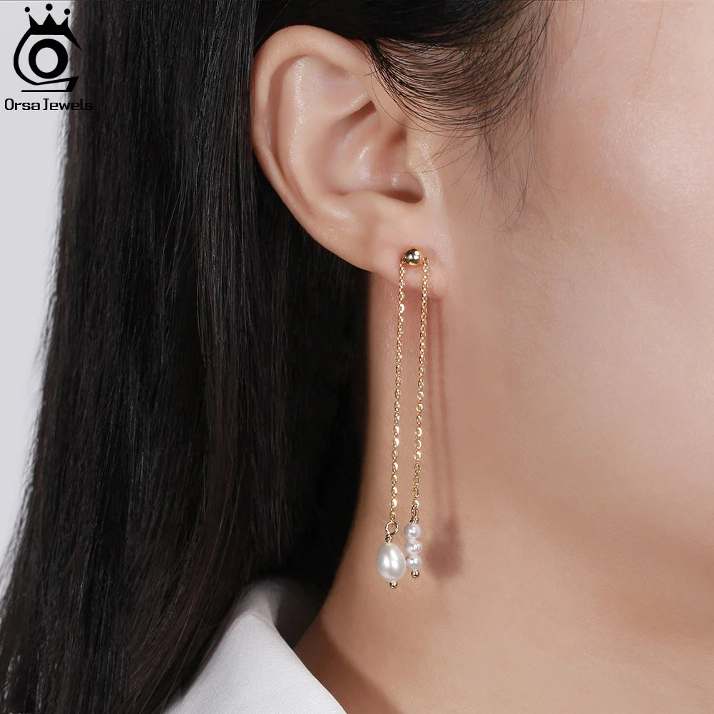 ORSA JEWELS Long Pearl Earrings for Women 14k Gold Plated Pearl Tassel Earrings Sterling Silver Ear Drop Pearl Jewelry GPE20