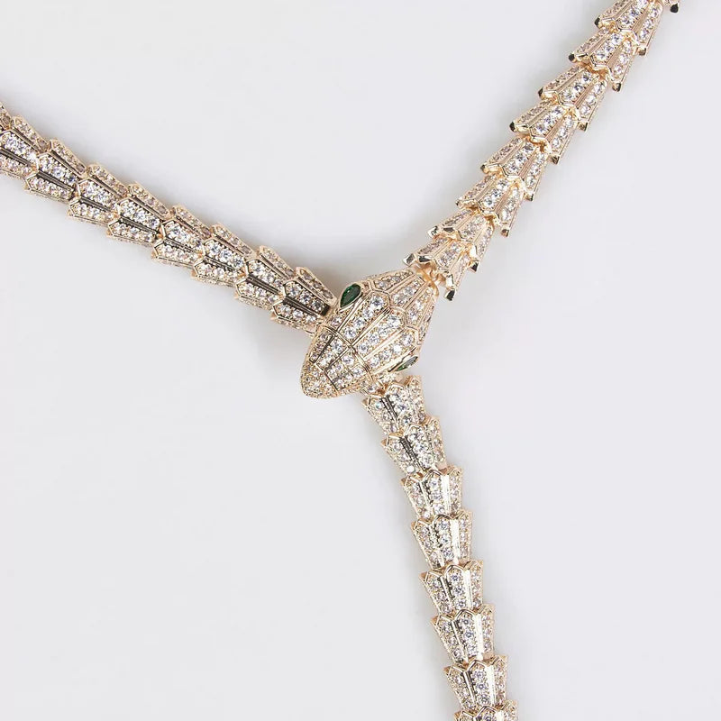 Designer Collection Style Long Necklace Earrings Inlay Full Cubic Zircon Plated Gold Color Snake Snakelike Party Jewelry Sets
