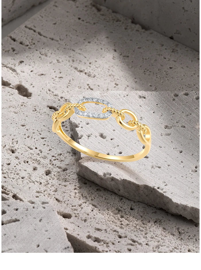 VISTOSO Pure 14K/9K Yellow Gold Ring For Women Sparkling Diamond Chain Link Stackable Concise Wedding Gift Chic Fine Jewelry
