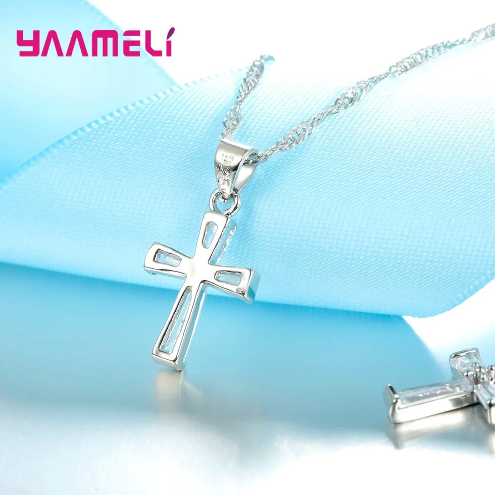 Christmas New Arrival Crystal Pendant Crucifix Real 925 Sterling Silver Necklace Drop Earrings Sets For Unisex Jewelry Xmas Eve