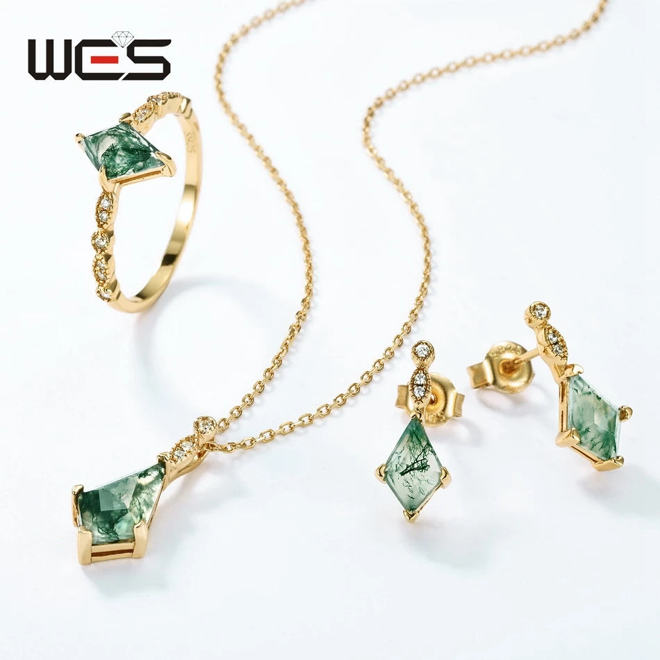 WES 100% 925 Sterling Silver Natural Crystal Moss Agate Jewelry Set for Woman Gold Plated Wedding Lady Gift Fine Jewelry