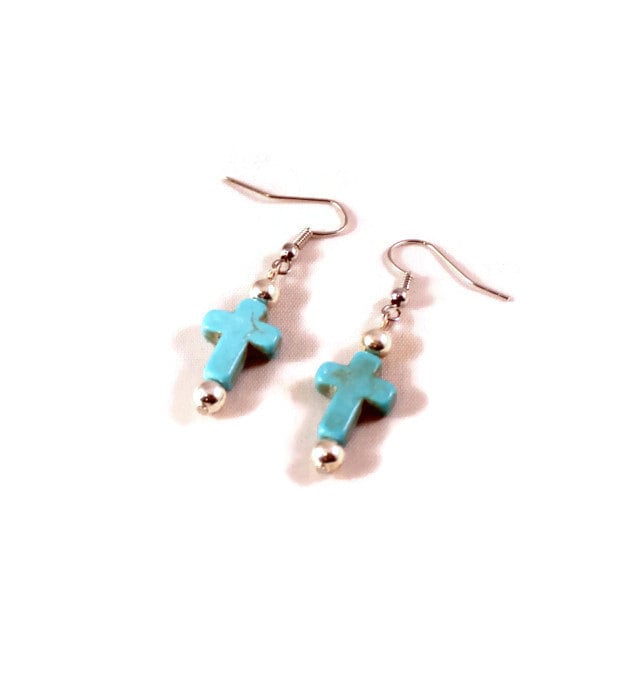 Turquoise Howlite Cross Earrings with Silvertone Beads -  Handmade Earrings; Handcrafted Jewelry; Upcycled Jewelry; Recycled Jewelry