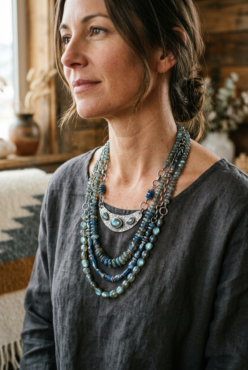 Handmade labradorite and kyanite multi-strand statement necklace in sterling silver