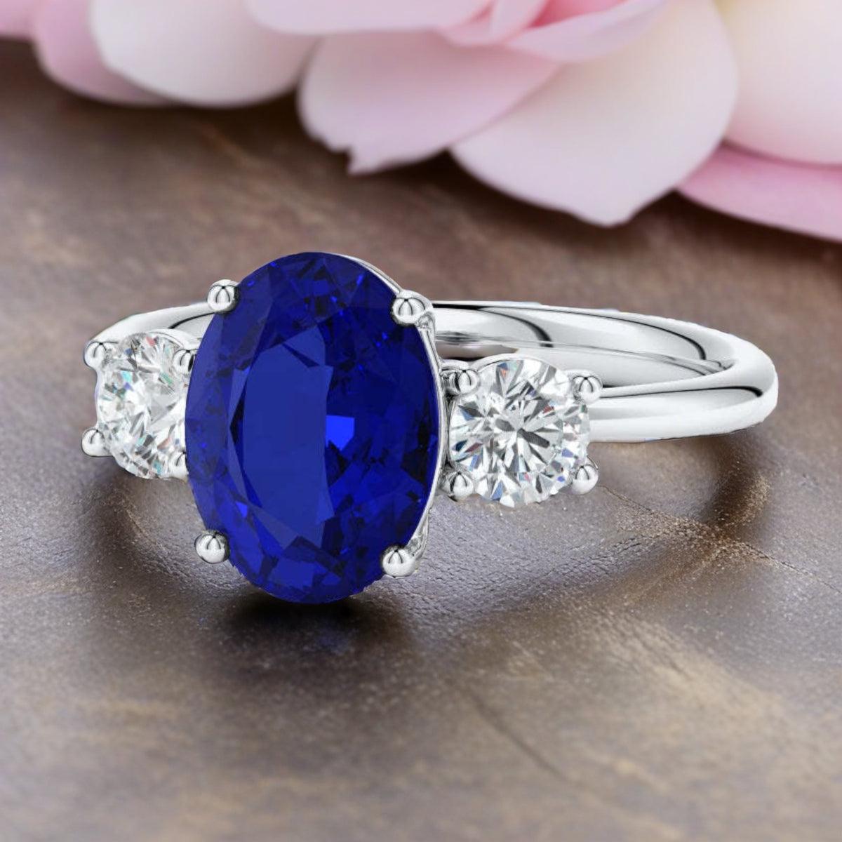 Oval Lab-Grown Blue Sapphire & Diamond Three-Stone Ring in 14K White Gold