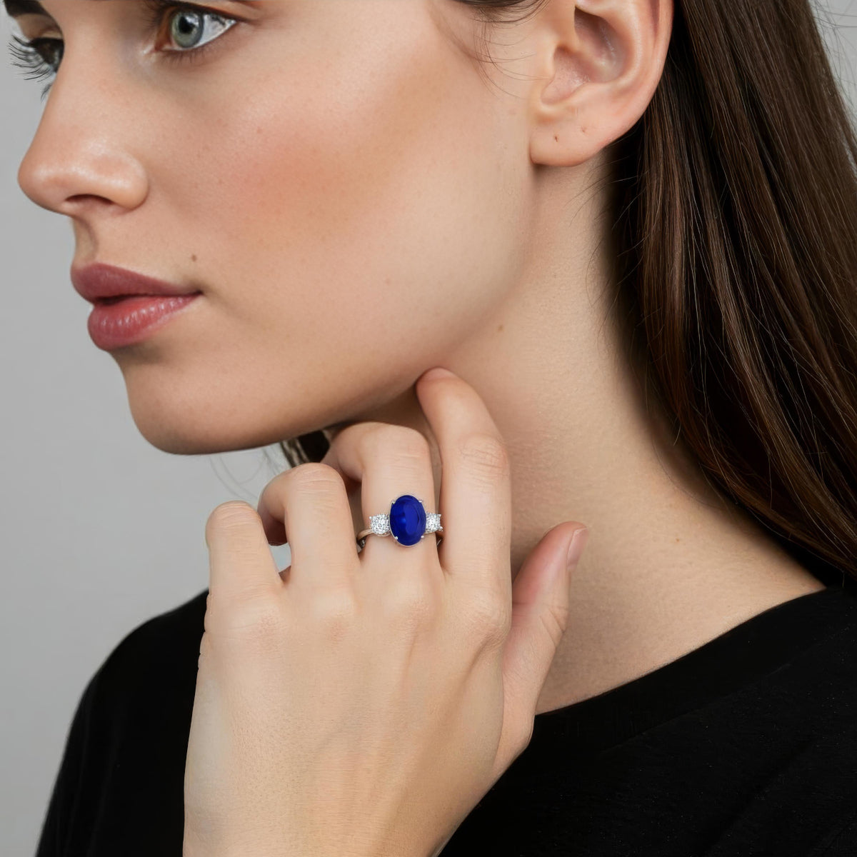 Oval Lab-Grown Blue Sapphire & Diamond Three-Stone Ring in 14K White Gold