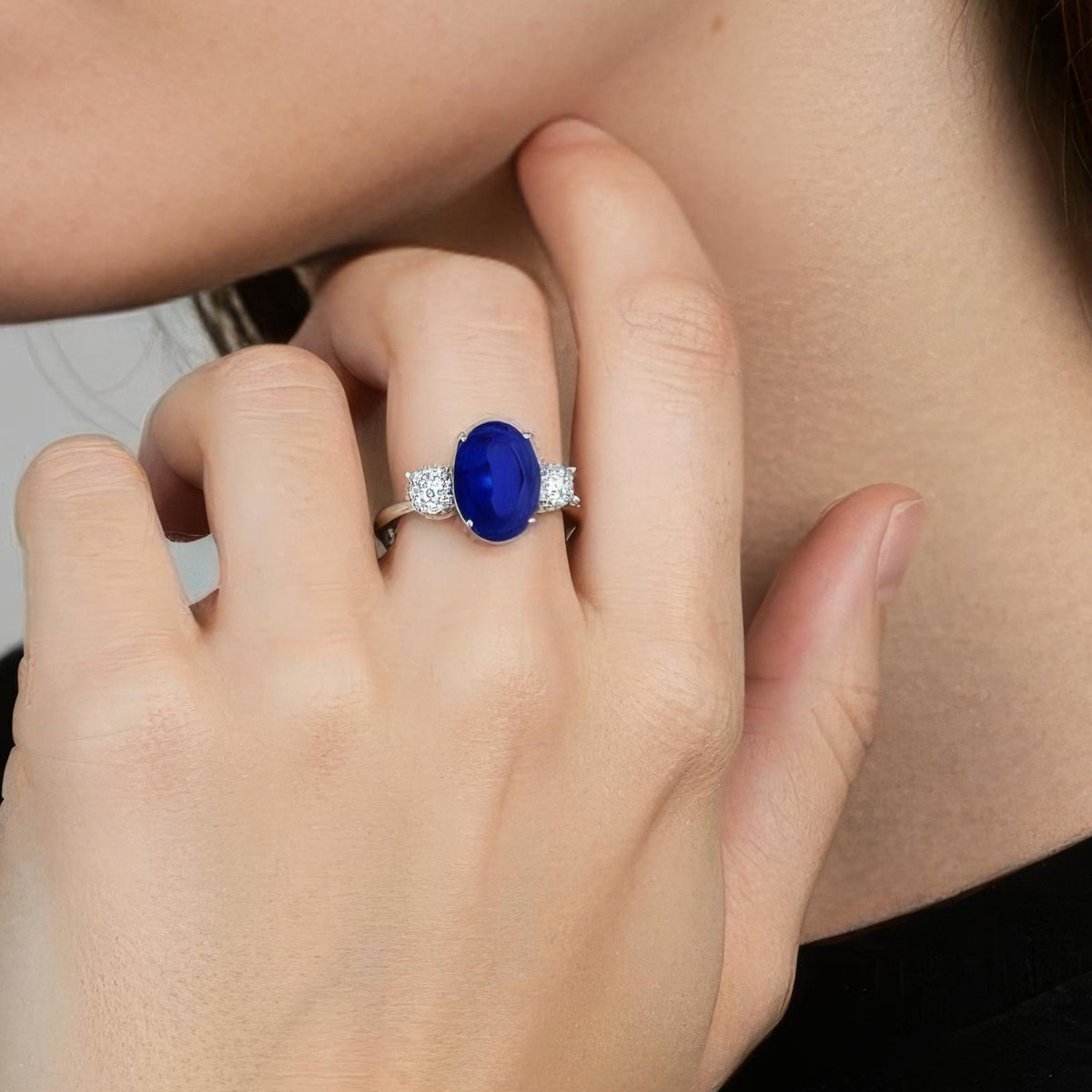 Oval Lab-Grown Blue Sapphire & Diamond Three-Stone Ring in 14K White Gold
